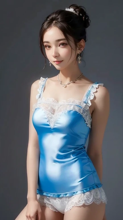 one girl, young girl, (small breasts), Wearing a dress,  light blue dress, white wave-like lace ruffles, Lacework,  brown belt,  thighs,  short hair,   blanking, smile, very elaborate eyes, 4K, perfect lighting, standing