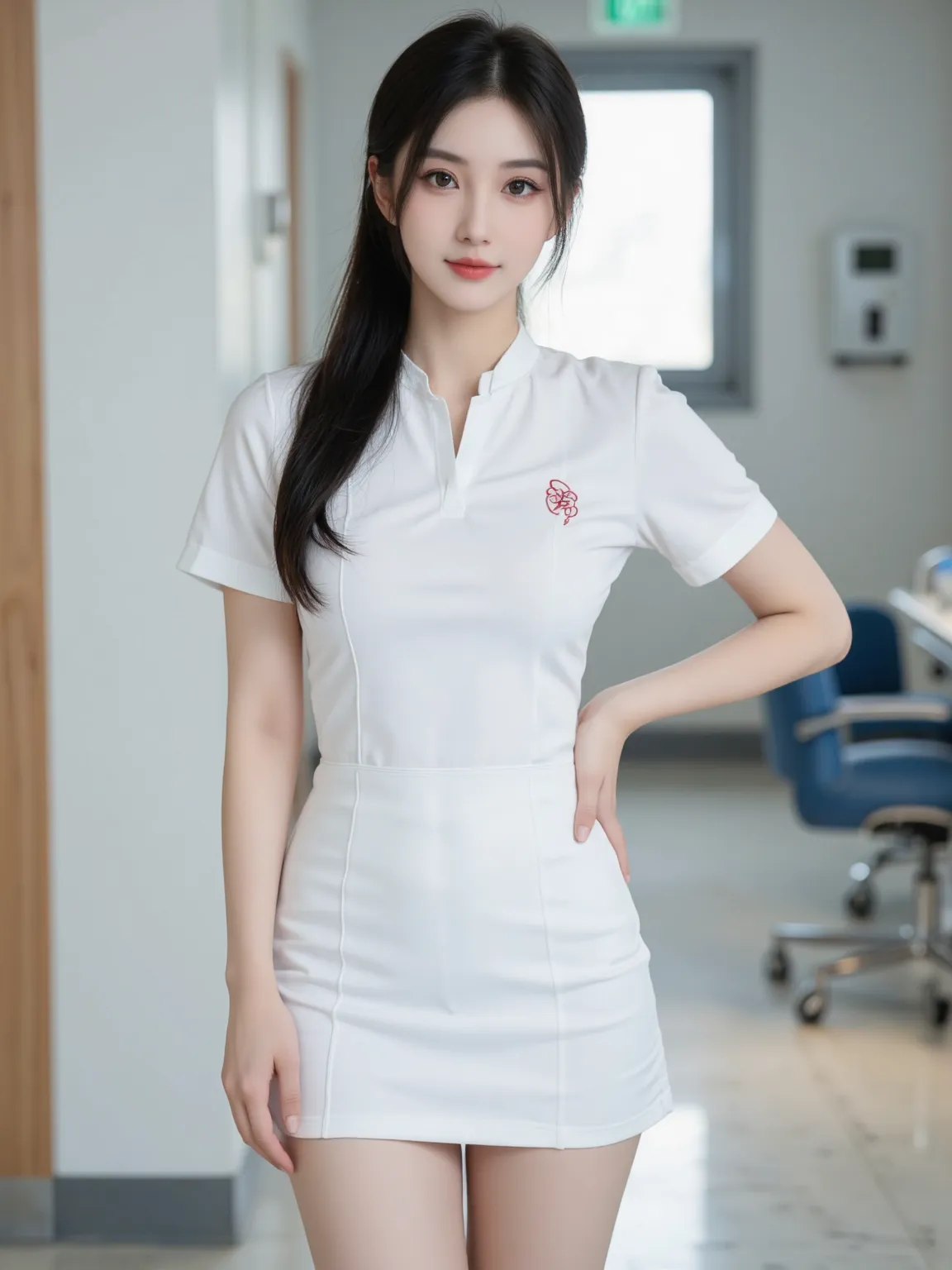 A Chinese woman with a realistic style, exquisite facial features and a model-like figure, wearing a fitted white nurse uniform, a short skirt, and long black hair draped lazily on her shoulders.  The background is a blurry hospital interior.  Masterpiece:...