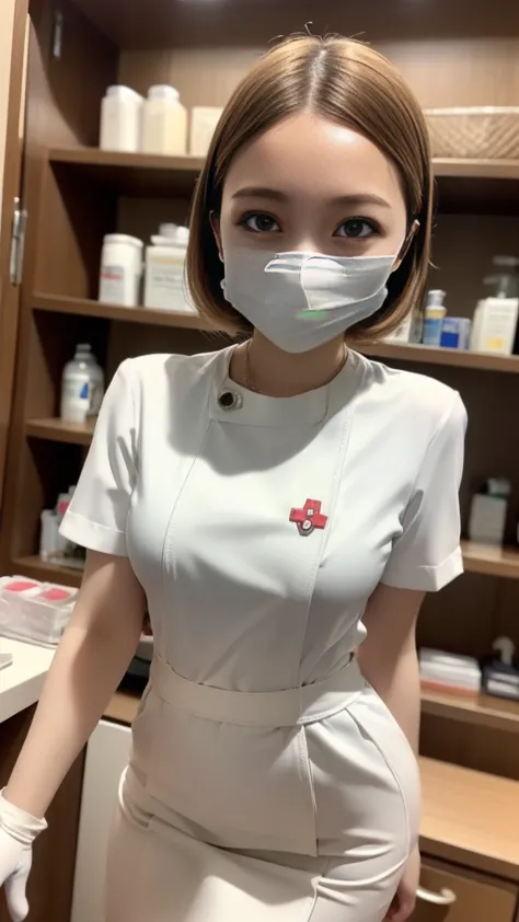 ((White Nurse uniform:1.2、nurse cosplay:1.1))、The perfect micro size for the body、skirt、Medium breast、 layer style、blond hair、Straight Bob Hair、smile、(white rubber gloves)、(((White Mask:1.3)))、smile、Standing in front of the medicine cabinet、Inside the hosp...