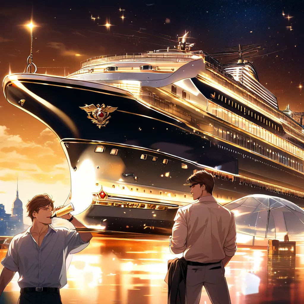 anime style、 male、handsome、 fresh 、brown hair、 muscular、white Y shirt、 cabaret、drinking champagne on a luxury liner