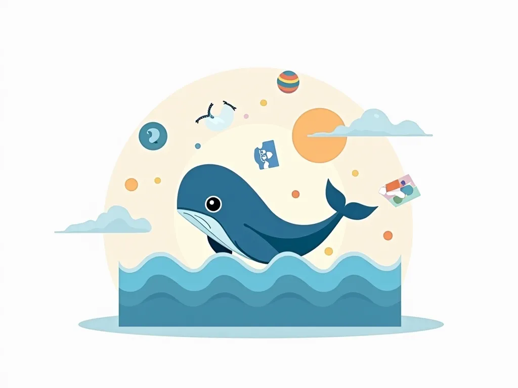 A ren's sensory toolkit box on white background, flat design style, 
Main elements: 
- Cartoon whale jumping from waves (soft blue color) 
- Floating icons: stress ball, chewy necklace, visual cue cards 
- Text "Calm & Learn" in modern sans-serif font (col...