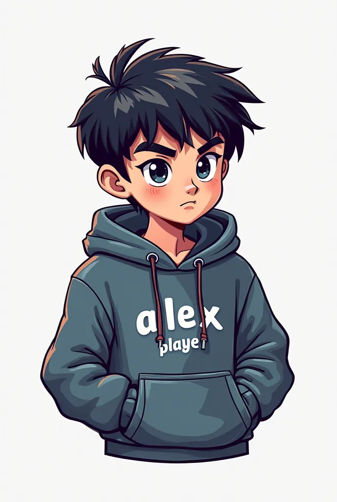 Create a mascot logo for me where the mascot is a black-haired gamer boy with a sweatshirt and has the letters underneath "Alex_player"