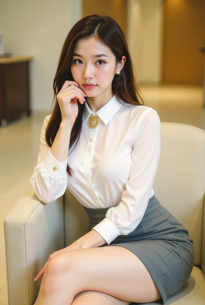 a young woman seated on a light-colored chair in an indoor setting, likely an office or lounge. She has long, dark hair styled neatly, and her expression is poised and confident. She is dressed in a professional yet stylish outfit, consisting of a white bl...