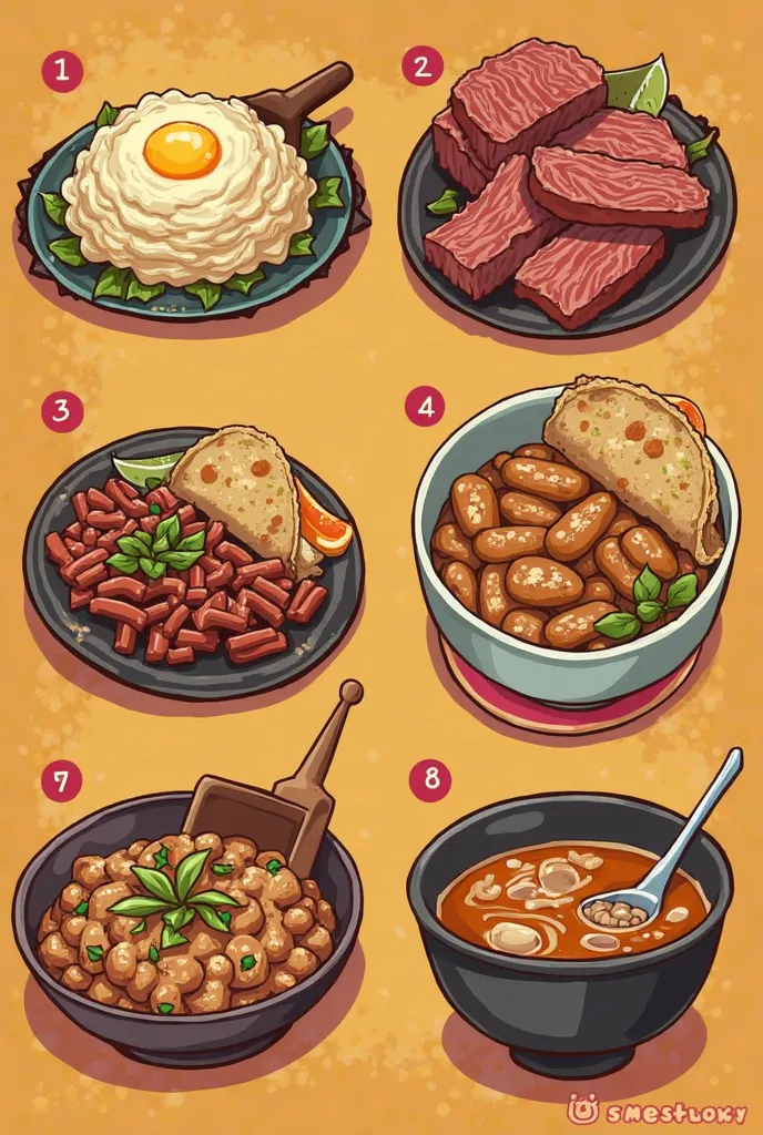 Create an animated image with these features 

2. Mashed with egg


3. Roasted Beef


4. Glories  (burnt milk candies)


5. Splices


6. Arrachera


7. Time Tacos


8. Beef Chicharrón


9. Beans with poison


10. Dry noodle soup
