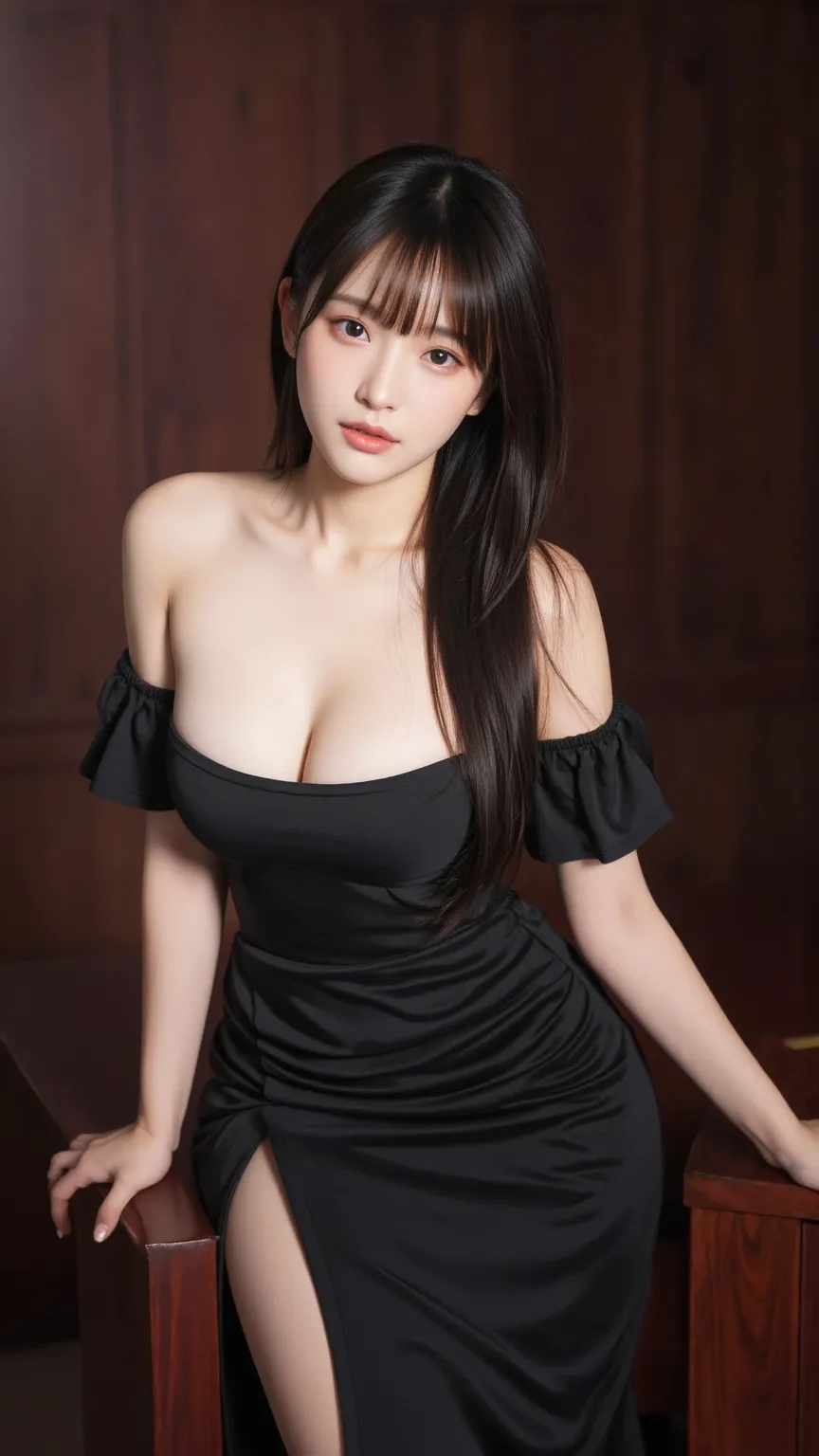 Masterpiece, Anatomically Correct, Accurate, High Details, 16k, thigh above body,  young 1girl, Black Hair, Large breasts, 35mm, F/2.8, Realism, Random sexy theme outfit side slit Long Dress, Random background, Random angle, Random sexy pose, Random hair s...