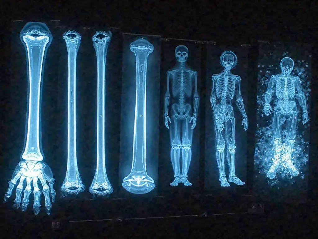 X-rays penetrate different materials such as bones, metal, and wood. Use fading or color-changing effects to show the attenuation of X-rays. Add X-ray images of materials to compare penetration levels.