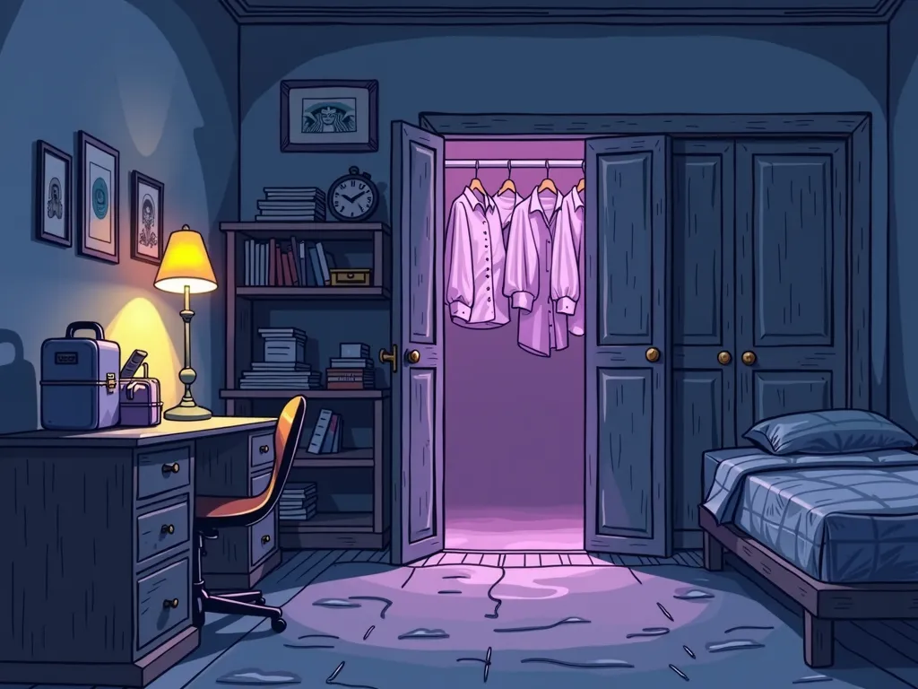 A cartoon-style line art illustration in black, negro, blue and dark purple cartoon-style student dorm room at Peking University. The scene presents a dimly lit room with yellow light, in which there is an open closet, inside which only an elegant women's ...