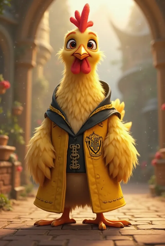 Can you generate animated animal chicken dressed in the Hufflepuff house 

With his yellow robe 
Very nice that it looks like a cartoon 