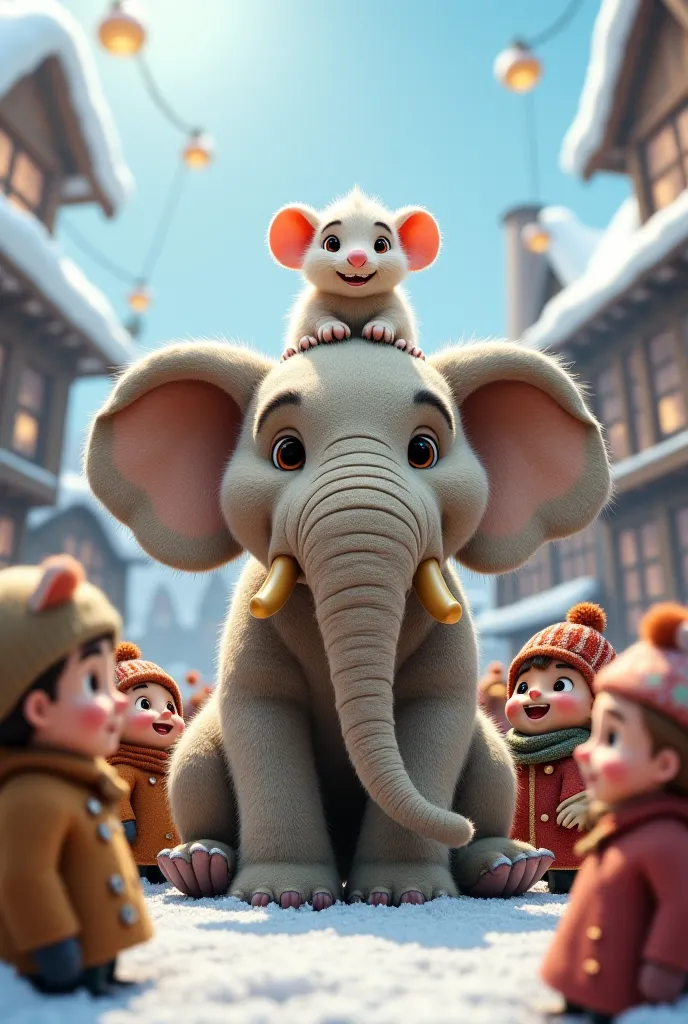 A very clear ultra hd dynamic image of    
(The woolly mouse sitting on the woolly elephant’s head, both surrounded by happy villagers in the snow-covered village.)
