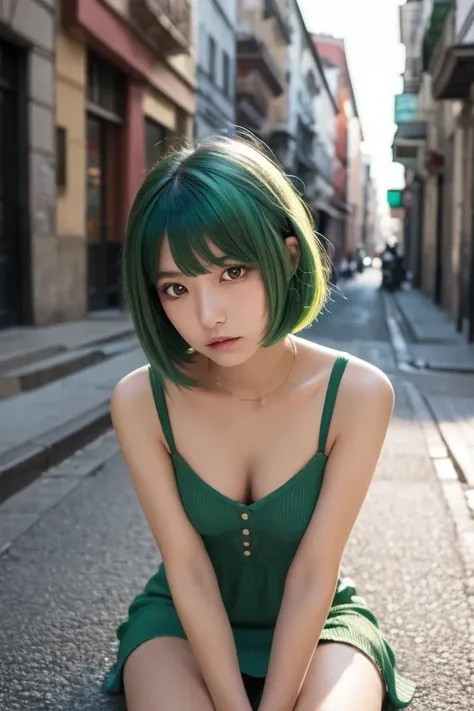  1 girl,  green hair,  Red Eyes,  dress,  short hair, (Alone:1.3),  