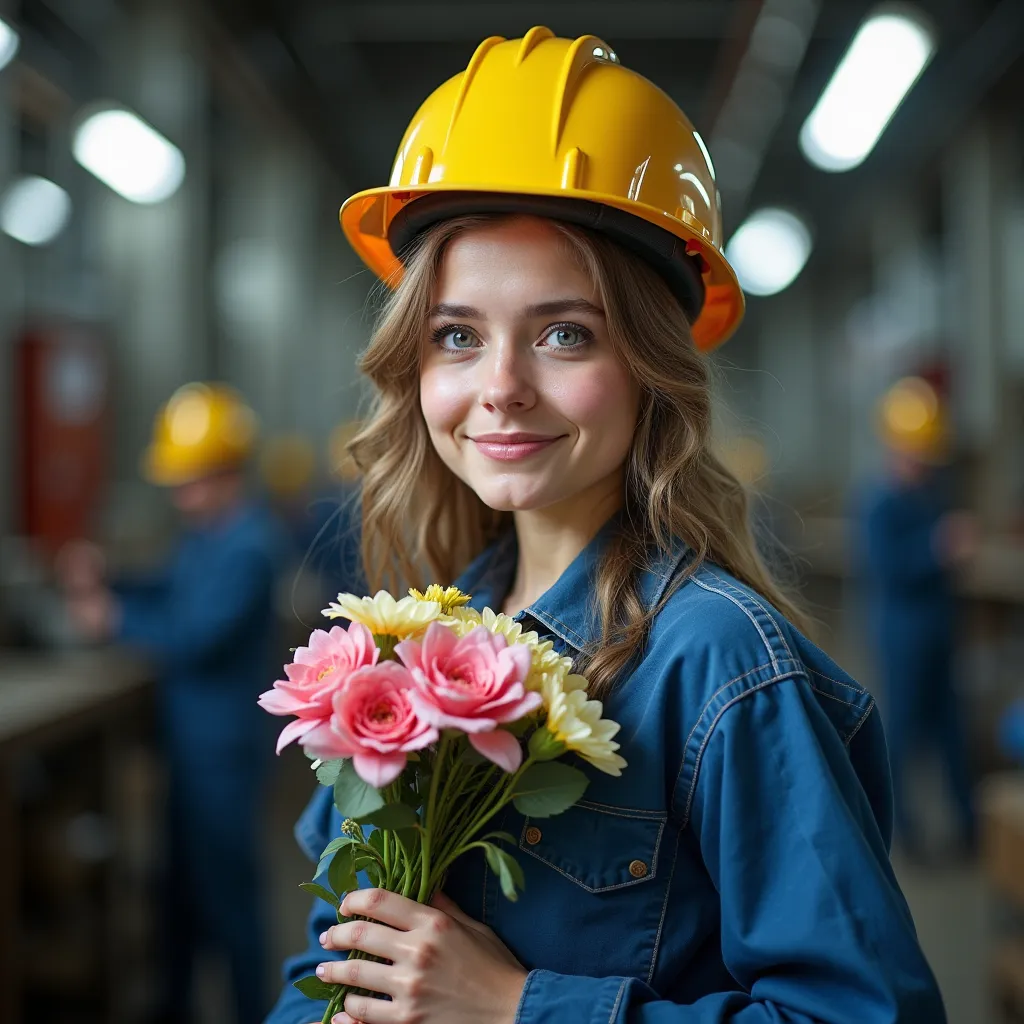 A young beautiful Russian girl with blue work clothes with a bouquet of flowers in the factory workshop. Yellow protective helmet on the head. dress shot with Canon EOS 5D Mark III . Artistic cinematographic plan. Masterpiece 