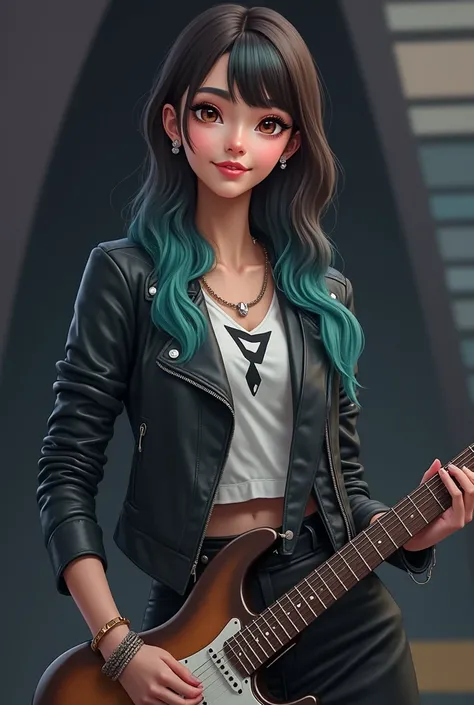 Brown long hair her hair with tips of turquoise color, Leather jacket, white shirt, leather skirt, Ear perforations, light pink lips, brown eyes, has a guitar , miraculous ladybug style 