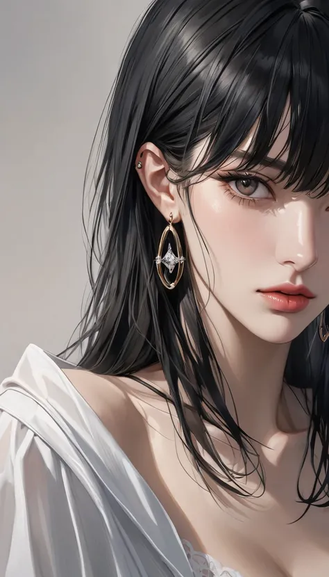 super realism,Show me my shoulders , black hair,earrings, clear