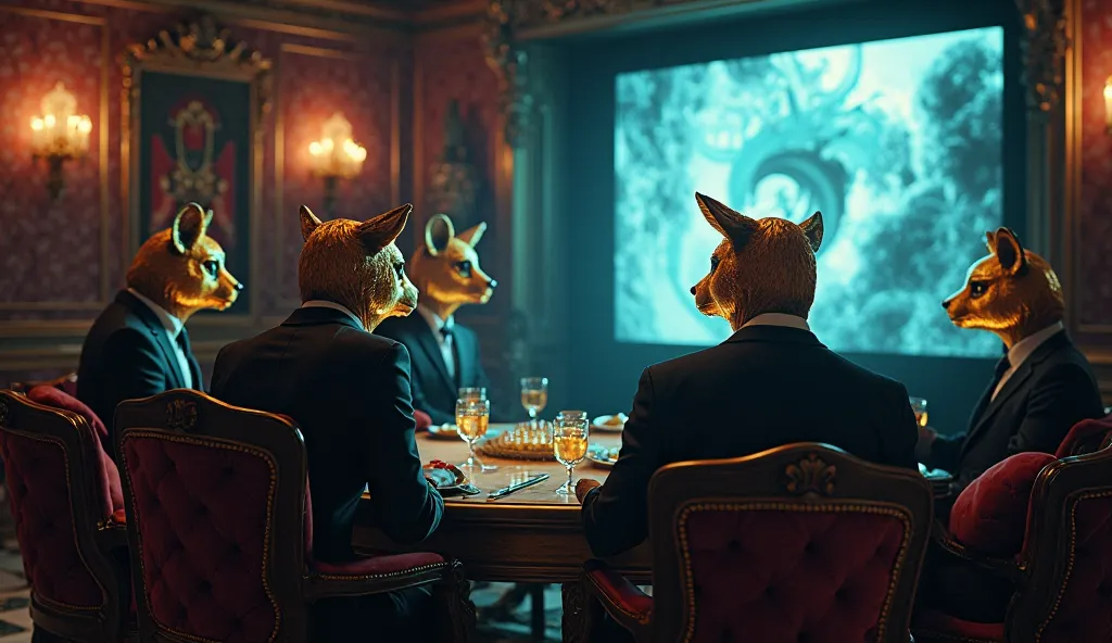 A group of Squid Game VIPs, dressed in luxurious suits and wearing their signature golden animal masks, are seated in an extravagant lounge. They are watching a massive TV screen, which illuminates the dimly lit room with a cold, eerie glow. The atmosphere...