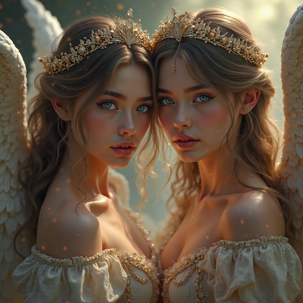 1 fille, Breasts,  long hair, blue eyes, brown hair, blonde hair, jewelry, Highlighted Hair, Makeup, Crown, Realism, 1 boy with angel wings,couple,A  