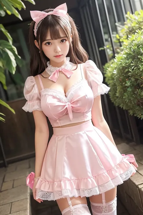 highest quality、((()))、 pink maid outfit with shiny silk short sleeve puff sleeves、 SEE-THROUGH、micro mini skirt、 Flare Skirts That Are Too Short 、giant ribbon knot 、Round collar、garter belt、Pink ribbon high heels、 headband with ribbon、blush、 embarrassing ...