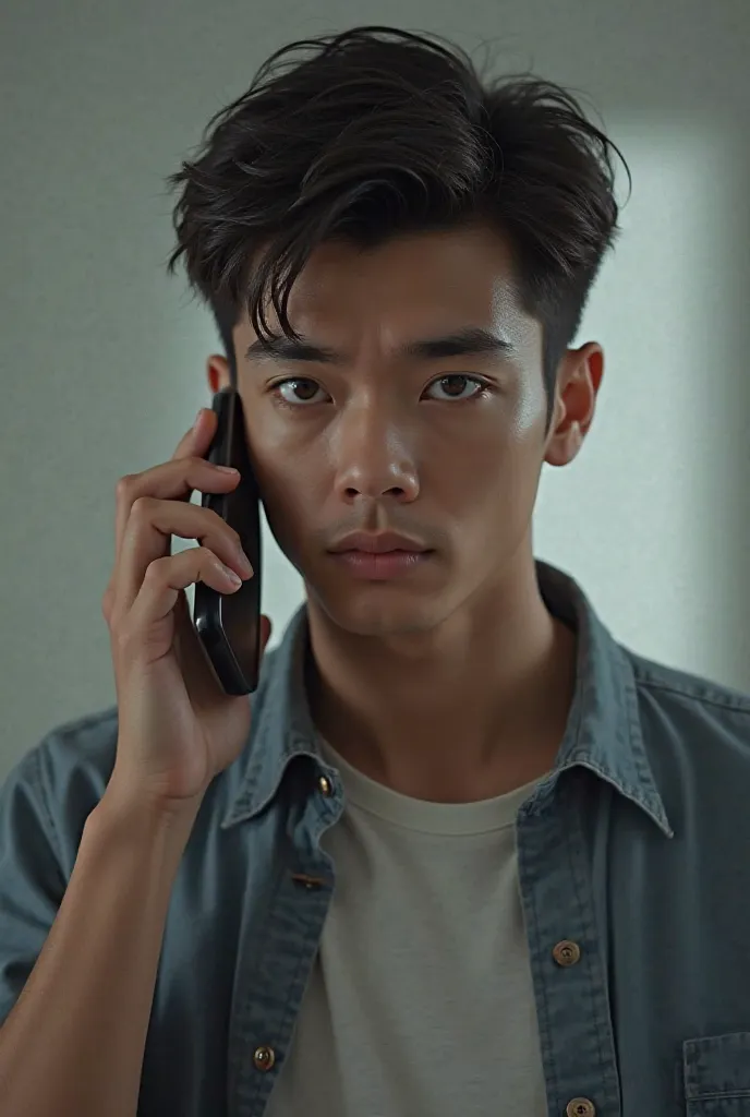 Young man with seriousness on his face receiving a call to his cell phone