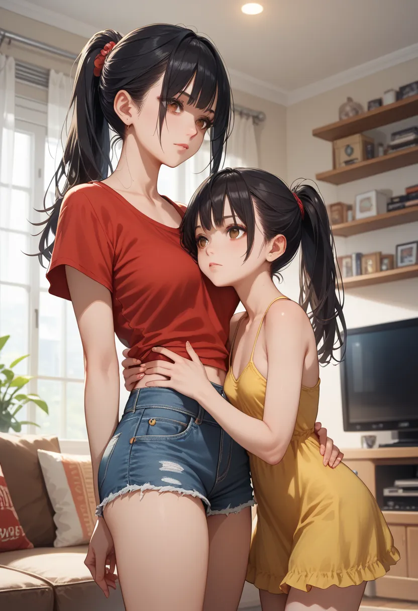 [( 2 women )]. [(1 tall woman, black hair in a ponytail, dark brown eyes, medium breasts, wearing a red top and denim shorts)]. [(a woman of short stature, black hair with fringe covering her eyes, small breasts, wearing a short yellow dress)] Bottom: livi...