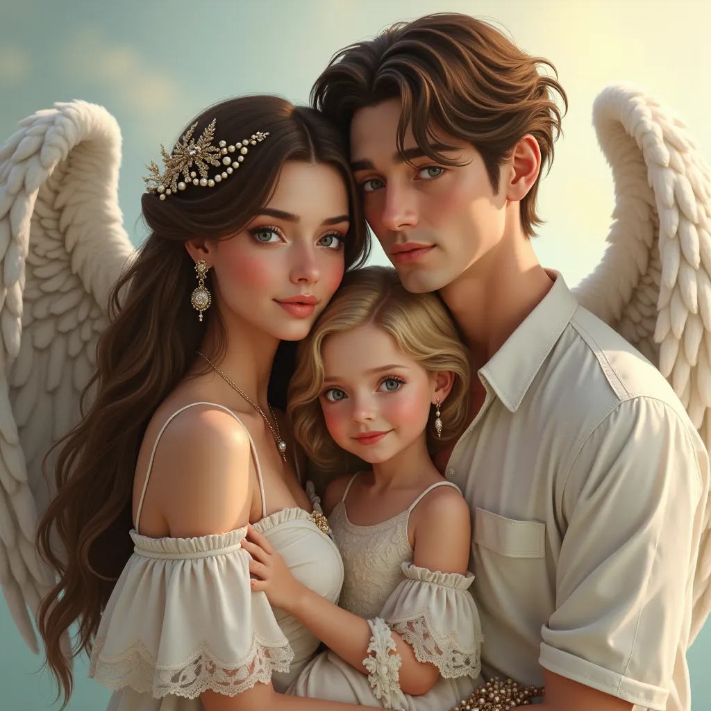 1 fille, Breasts,  long hair, blue eyes, brown hair, blonde hair, jewelry, Highlighted Hair, Makeup, Crown, Realism, 1 boy with angel wings,couple avec leur fille
