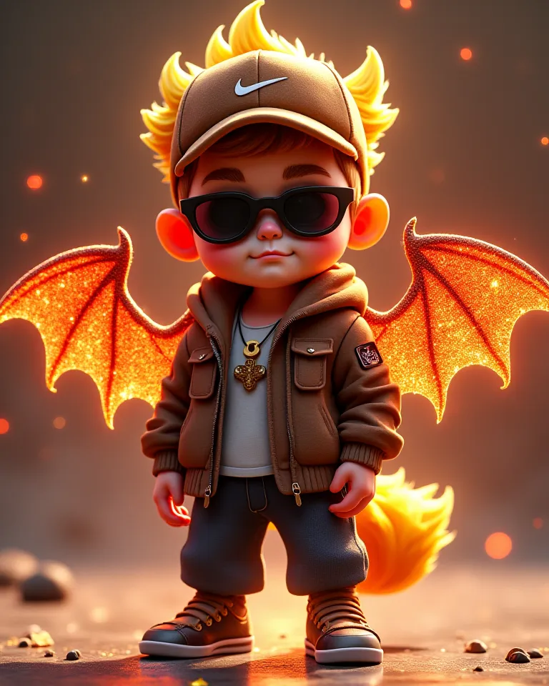 3D Images。god々like。has an old gold hair color and a wolf cut hairstyle、chubby cool  boy in sunglasses。Chubby cool  boy in brown Nike hat。Devil style。 bat wings 。 glitter、full body。