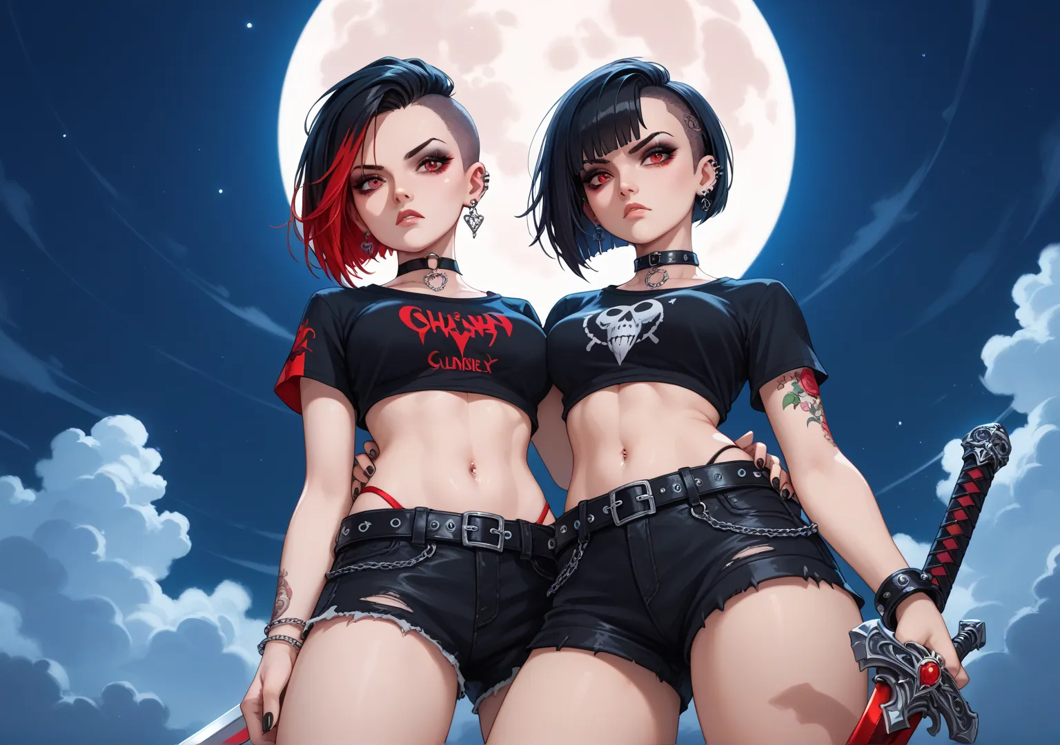 gothic girl, medium breasts, scarlet red eyes, hair style black sidecut hair with red lines, two-tone hair, black hair, gothic arms tattooed, makeup, earrings, choker, black nails, bracelet, ear piercing, gothic shirt, shorts, belt, black string panties, s...