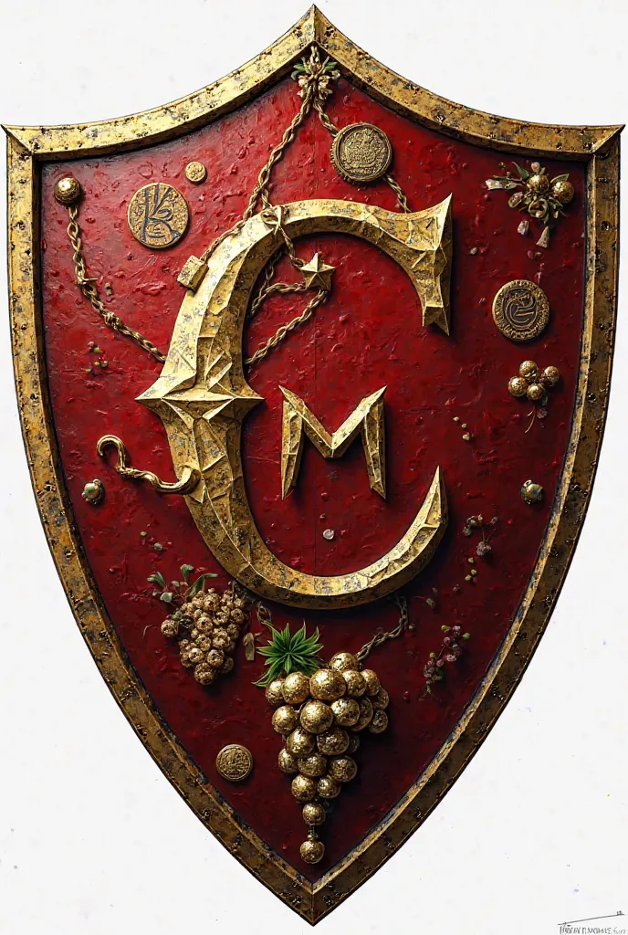 Create a shield, Which one wears: as its main colors the corinth blood,  gold and black typography , have as elements a fox, gold coins, Grapes and a rope knot, in the middle has a c and an m intertwined with cursive typography