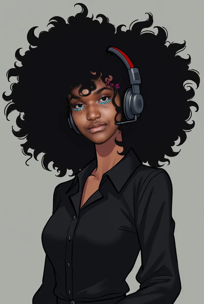 The character has black hair, bulky and frizzy, with an imposing black power that highlights your strong and authentic personality. She wears a headset, with the built-in microphone, that fits comfortably over her hair, giving a modern and practical touch ...