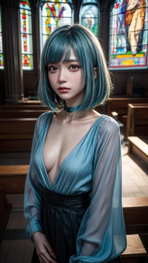 ( bob cut hair, beautiful, shiny light blue hair:1.2),( Checkpoint , Wearing a black chiffon blouse:1.2),1 girl,Japanese,21 years old,(small breasts:1.3),(highest quality,masterpiece:1.3,super A high resolution,),(very detailed,caustics),(Photorealistic:1....