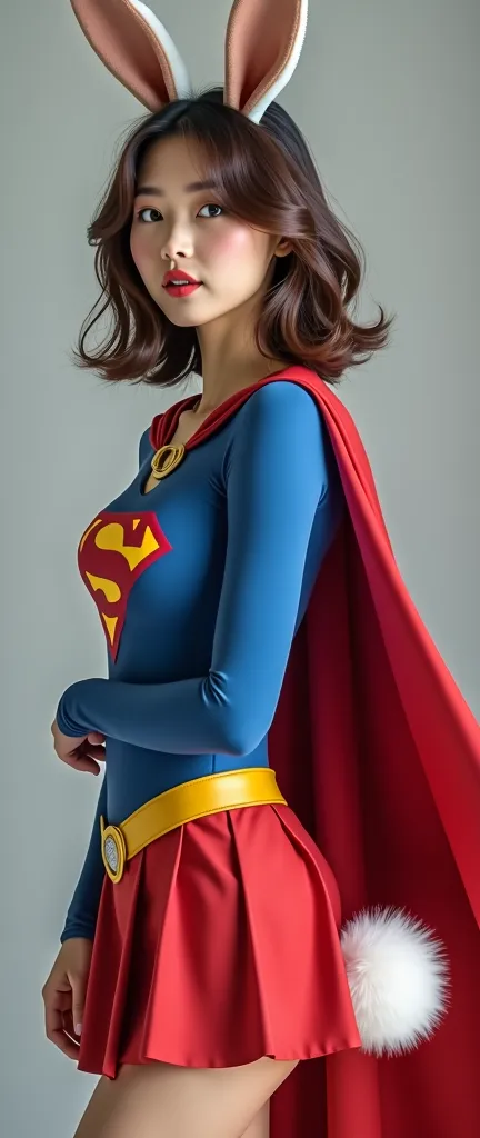    full body image of a beautiful Japanese woman in her 20s     (     Large Size   :9.8)    dreamy blue eyes　medium tousled brown hair  =TOP SUPERGIRL COSTUME,     blue leotards that have been stitched 、   Korean cute young woman in red short pleated skirt...