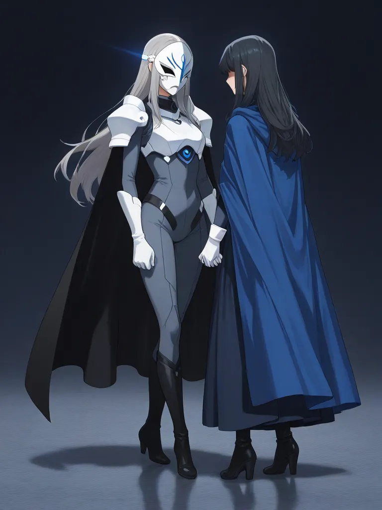 high resolution, masterpiece, necessary, detail, best quality, quality, necessary, details, High details, Precise, 
 Couple_ ufotable style, ufotable anime

(Solo) faceless, mask covered face, white mask with black eyes, grey hair, long hair, blue long cap...