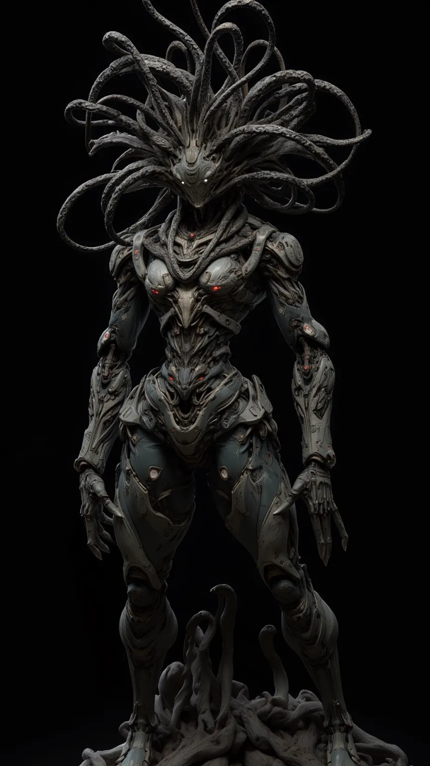 Cybernetic Humanoid with medusa-like heads, cybernetic snake-like hairs