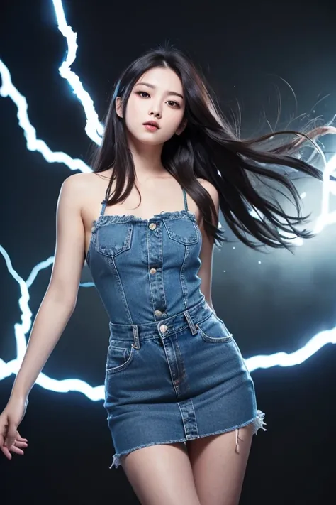 masterpiece,  top quality,  1 girl,  black hair,  shoulder out,  long hair,  dress, Denim Shot,  Dynamic Poses ,  dynamic angle with blue lightning,