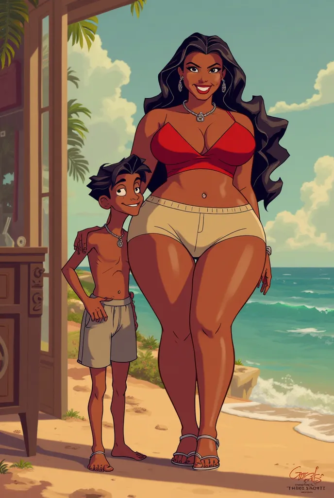 Gotgeous Milf standing, crop top barely showing vline, volleyball booty shorts, smiling, animated 2d animation, posing with her adolescent innocent son