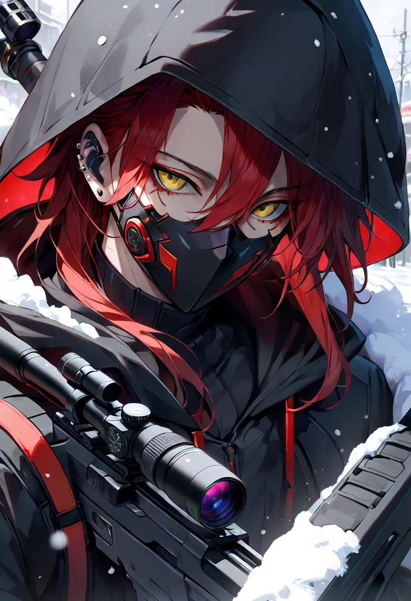 ((  top quality)), ((  masterpiece)), (   details), (( male)), ( maleの子), ((          sniper          )), (   red hair), (  black hood  ), ((     mask up     )), ( ), ((chic)), (snow), (  Cyberpunk)