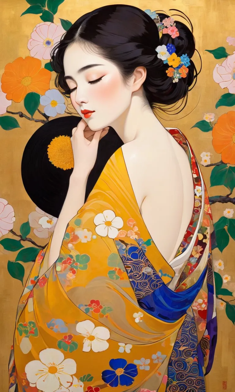 Japanese painting, Klimt pattern masterpiece, flat art, simple crepas painting,  abstract,    lots of flowers   , Japanese woman in flat illustration, 40 years old, [Sleepy eyes,