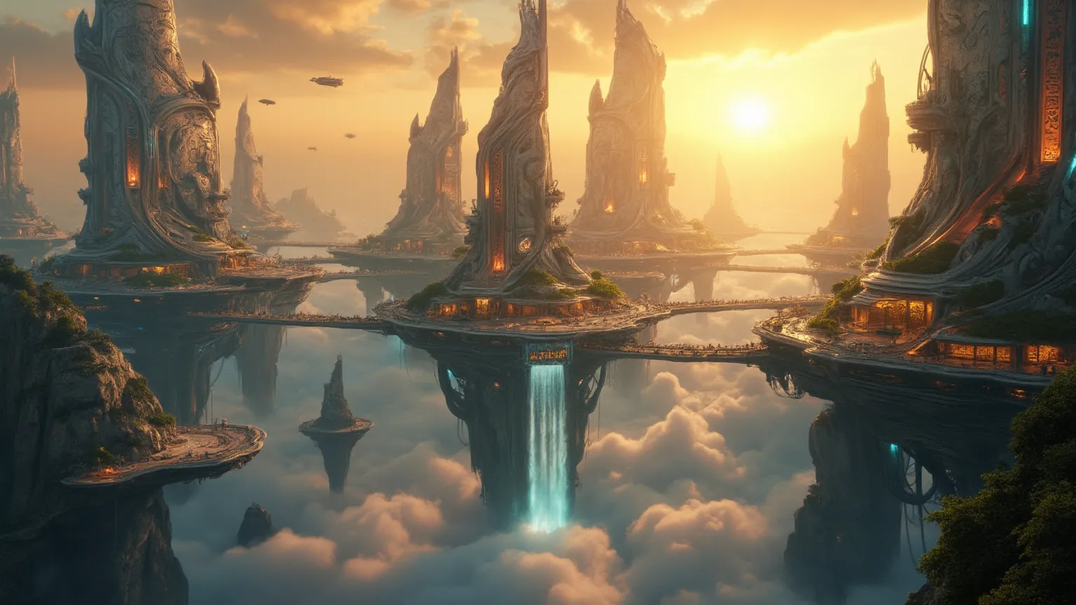 “An awe-inspiring floating city suspended in the sky, blending futuristic and fantasy elements. Towering spires and intricate bridges connect massive platforms, adorned with glowing neon lights and lush greenery. Majestic waterfalls cascade from the edges,...