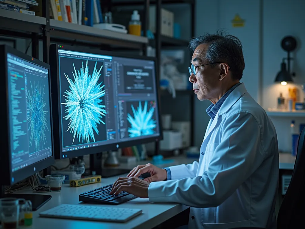 Professor Quang in the laboratory, using an X-ray diffraction device.Display the analyzed crystal structure image on the computer screen.