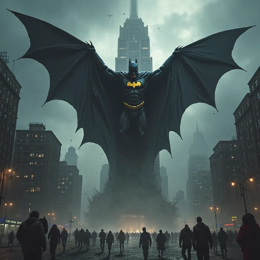 Batman-Themed Giant Bat Over a Dark City – A massive bat draped in Batman’s black and yellow suit with the bat emblem spreads its wings atop a crumbling skyscraper. Below, the city is in chaos, with people running as a storm brews.