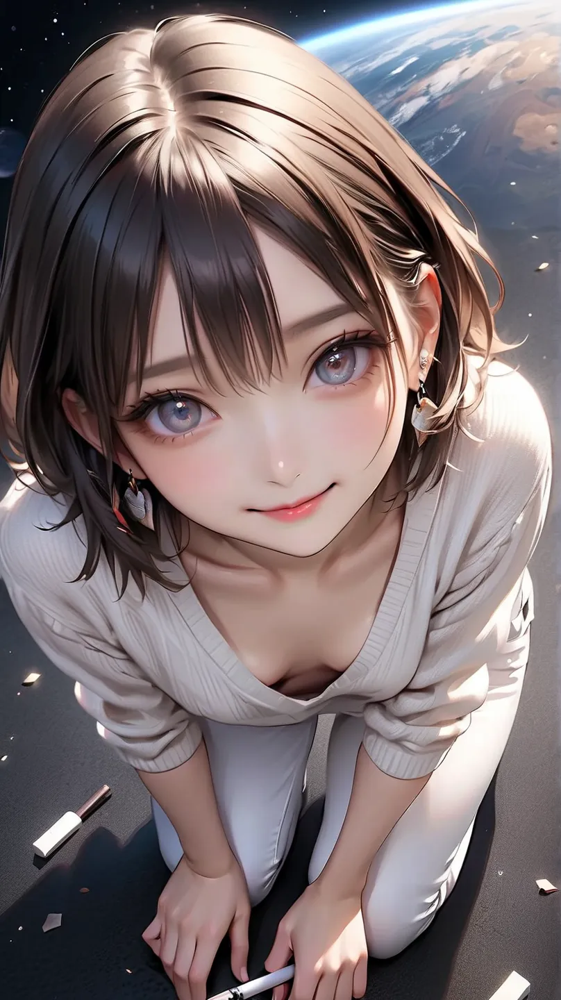  ((detailed eyes and facial features)), ((  medium hair,flat chest,   no bra、brown hair, Clear Eyes, earrings, 1 girl)), Ultra High Resolution, (realistic: 1.4), RAW photo, best quality, (Photorealistic Stick),  ((loose white v neck summer sweater、There is...