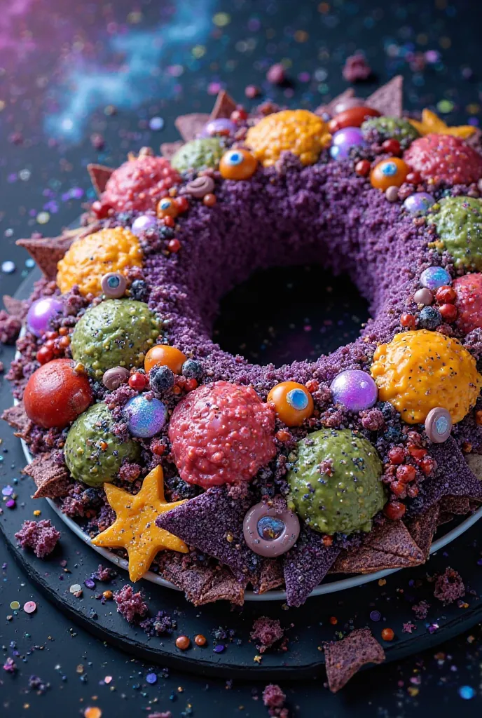 A giant platter of nachos with dark purple corn chips (to represent a black hole) and loaded with galaxy-themed toppings like moon cheese, cosmic beans, and alien guacamole.