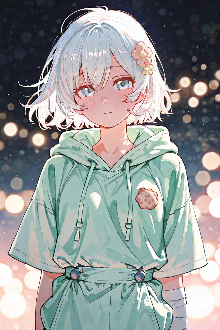 

*"A delicate anime-style male character with soft, pastel colors. He has messy, medium-length white hair with subtle silver and light blue shades, adorned with small floral decorations and beads. His large, glowing cyan-blue eyes reflect a melancholic an...