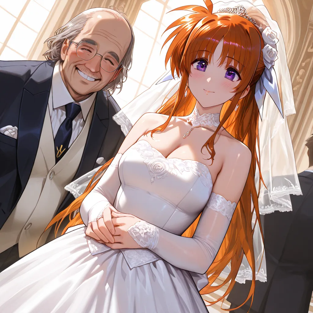 ((highest quality)), ((masterpiece)), (details), （perfect face）、Nanoha Takamachi, who has excellent proportions, has a gentle smile, wears a gorgeous pure white brown wedding dress, is dressed with gorgeous jewelry accessories, has a wedding at a gorgeous,...