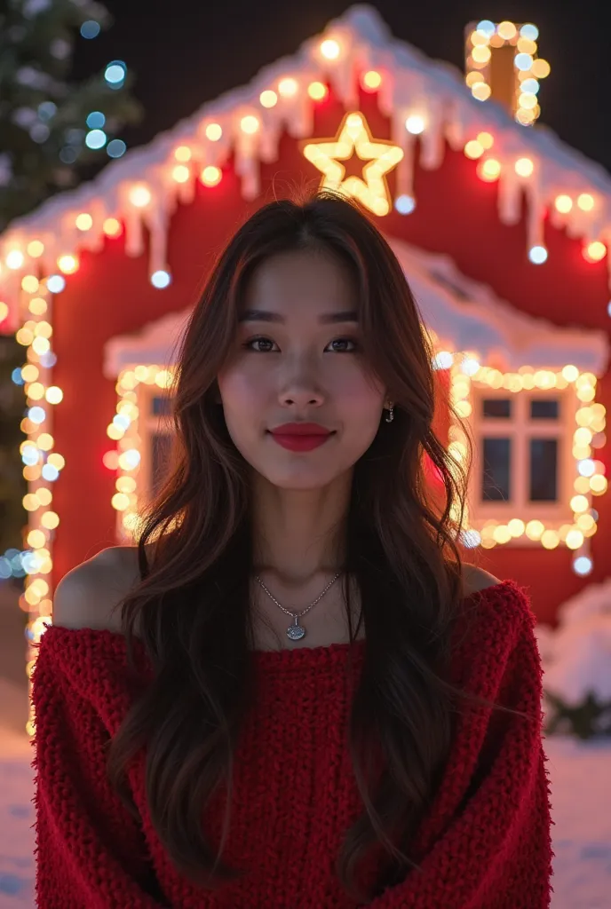 8k Beautiful Asian woman, wearing Christmas clothes, behind a decorated Christmas house, with red and white neon lights