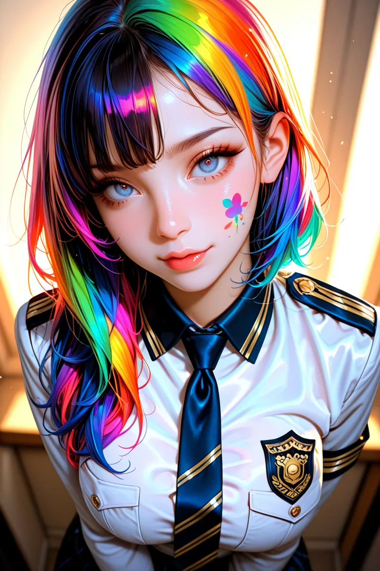 (masterpiece:5.0), (best quality:5.0), very detailed, complicated, Super Detail, (perfect face),Soft Lighting, , 1 girl,  sexy,  For hair, colorful,from_Next to that,uniform_Costume , 