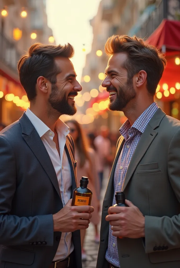 Create an image of two men praising each other for smelling good
