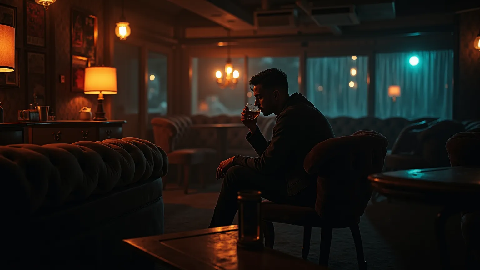 ・Dim Lights Glow - Dim Light Glow  
"A dimly lit lounge at night, soft glowing amber lights casting shadows on velvet furniture, a lone figure sipping a drink in a melancholic pose, warm yet moody atmosphere, deep blues and muted golds, smooth jazz aesthet...