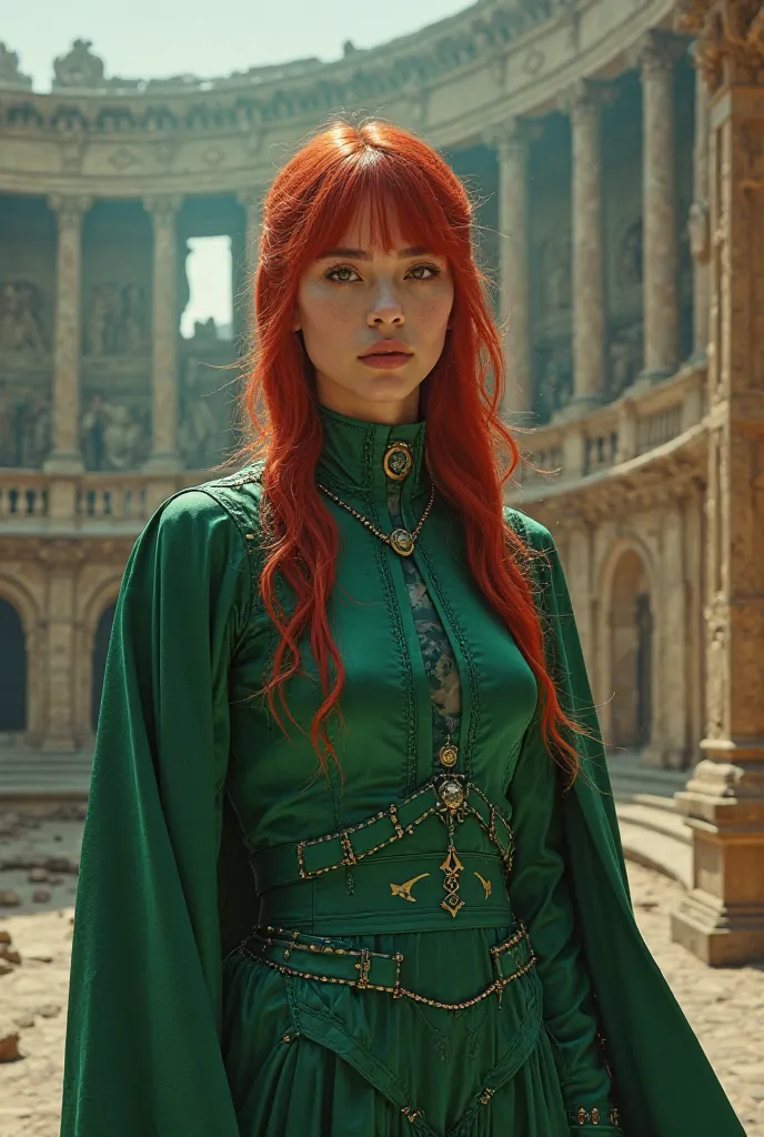 In the Roman Theater, the calcium is where the football player has emerald red hair, the costume integrated with emerald, the sharp eyes and the pale humans 