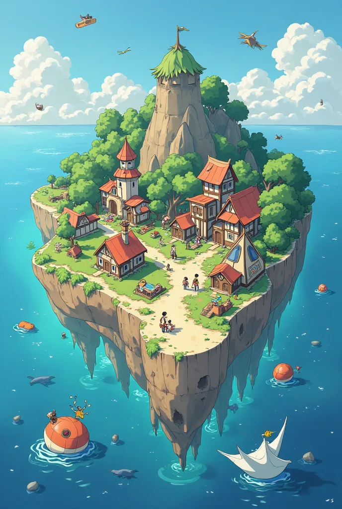 There was one village on an island drifting in the sea, a peaceful, long, quiet, self-sufficient island, touring the world, cartoonish illustrations, beautiful images at their best.