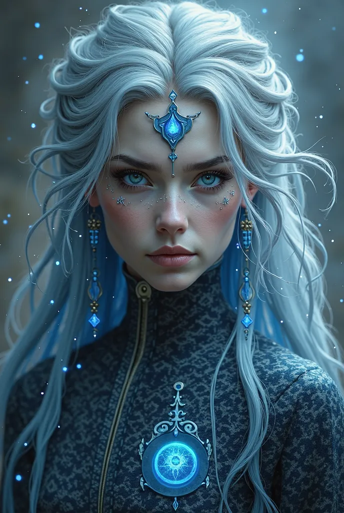 make me a 179 year old vedalken woman d&d character with pale blue skin black eyes, long hair white and dark blue highlights 