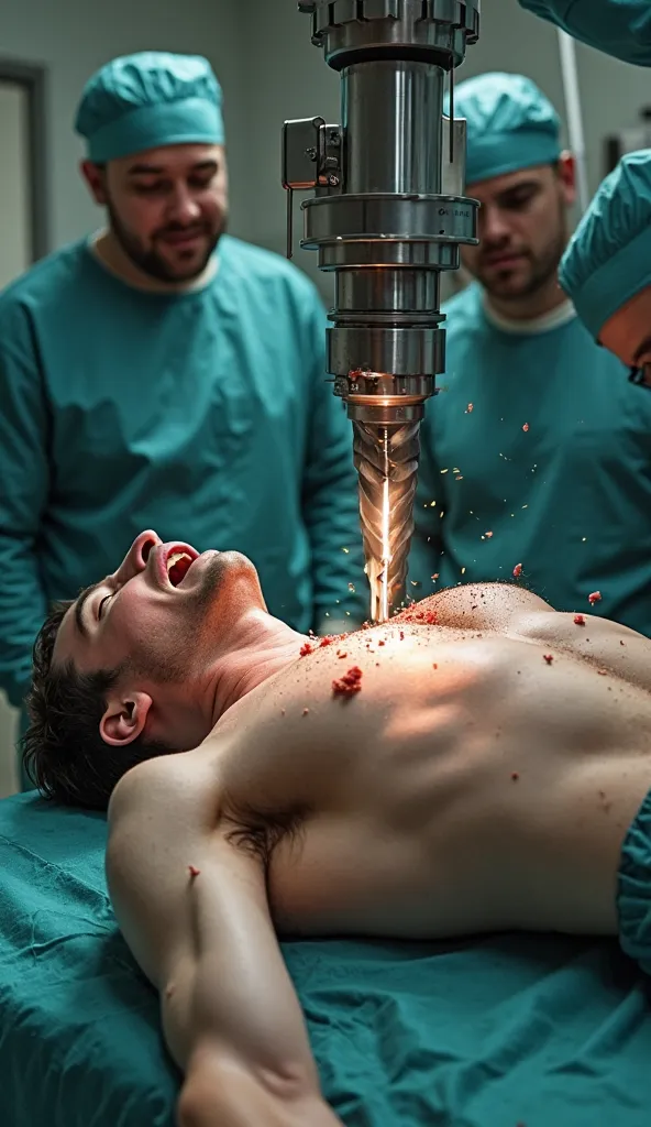 A young man lies on the operating table with his bare belly and male surgeons literally drill a man's stomach with a large surgical drill with a large drill. The surgery drill, in turn, pierces and tears the skin on the man's abdomen in its area of applica...